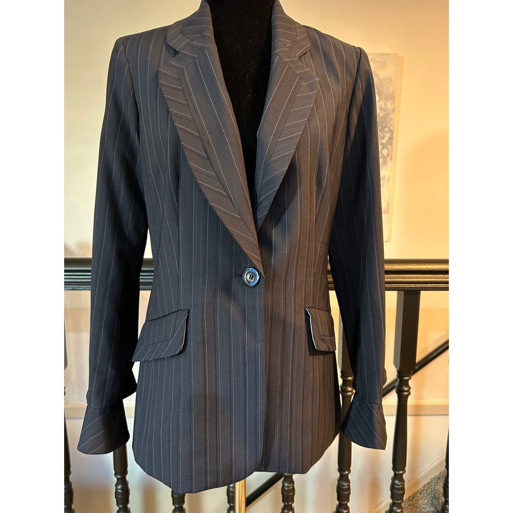 Etcetera Womens Pinstripe Blazer Gray Flared Bell Cuff Single Button Jacket 8